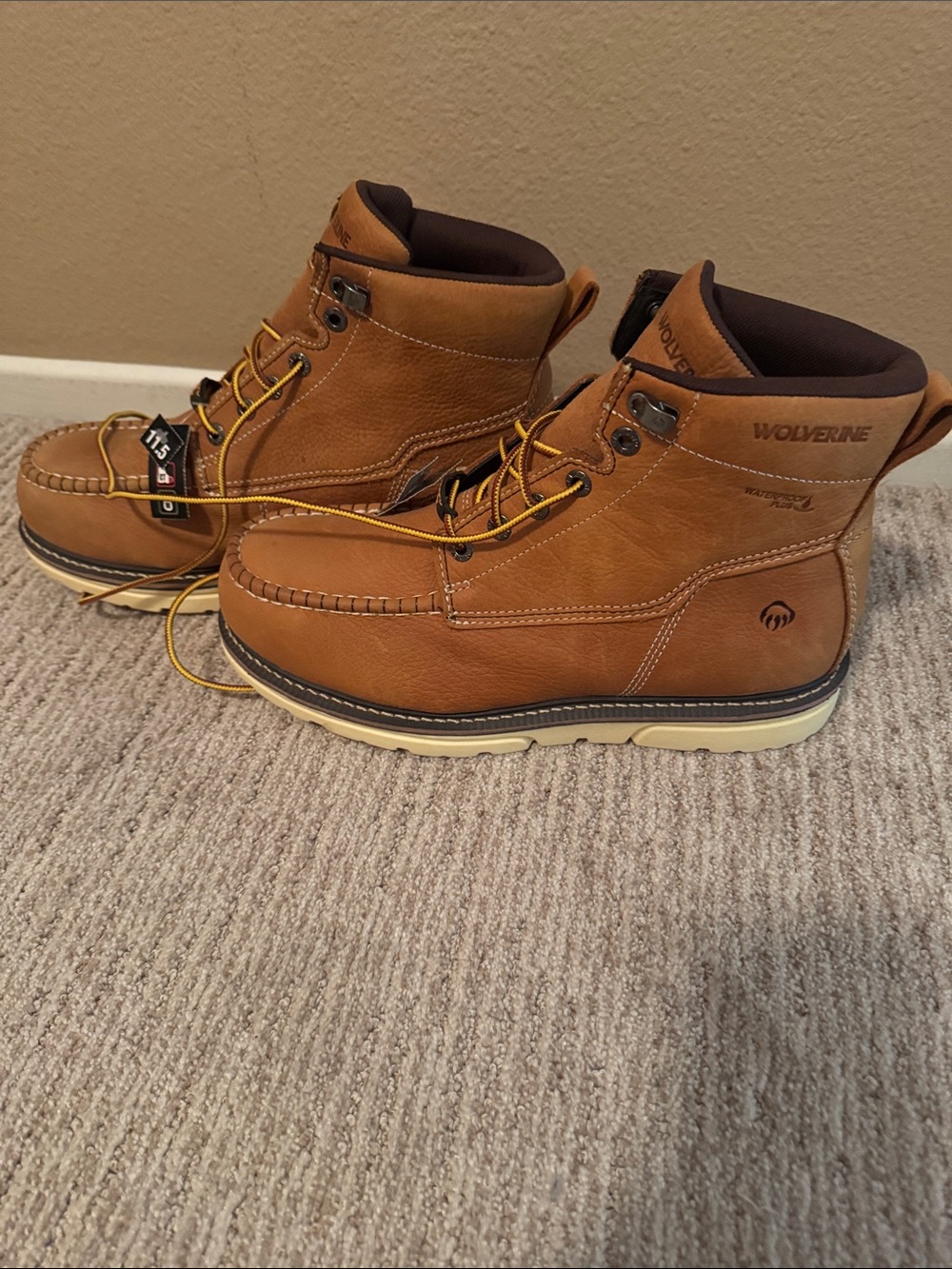 Wolverine Brown Leather Moc Toe Work Boots with Cream Sole